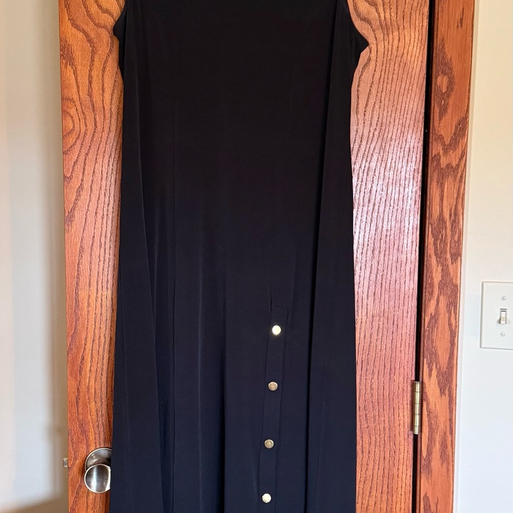 Susan Graver Liquid Knit Black Maxi Dress with Gold button Accents